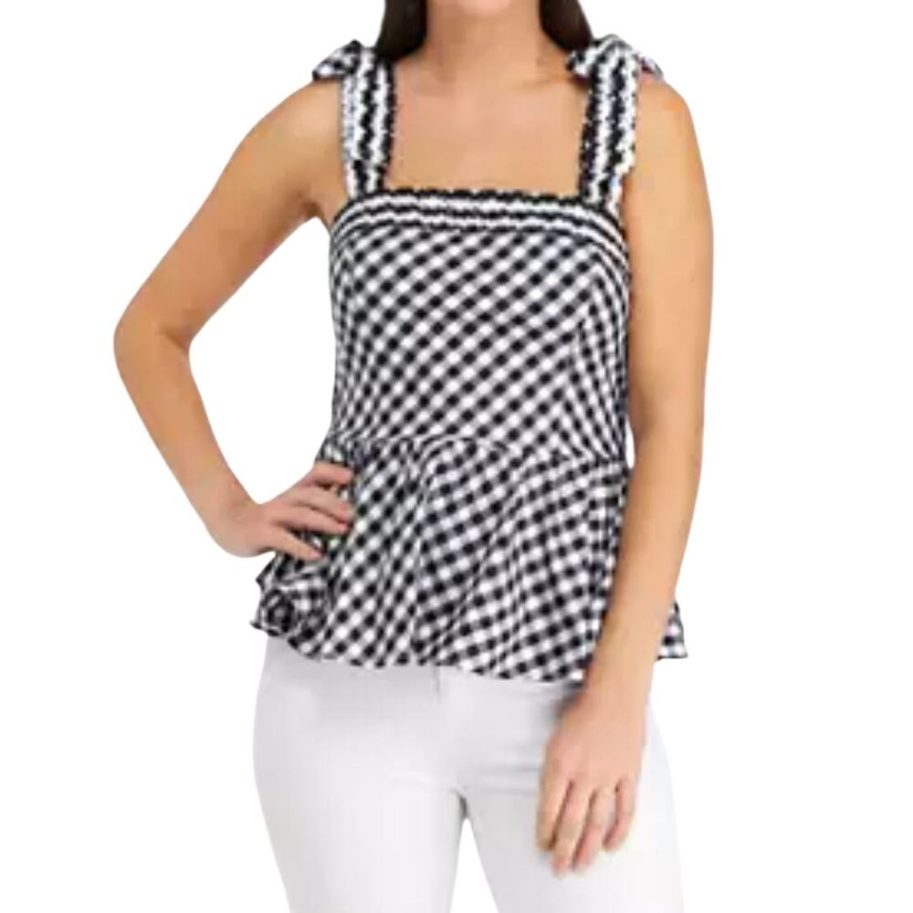 Crown & Ivy Women's SZ L Sleeveless Puplum Top Black/White Gingham Picnic NEW